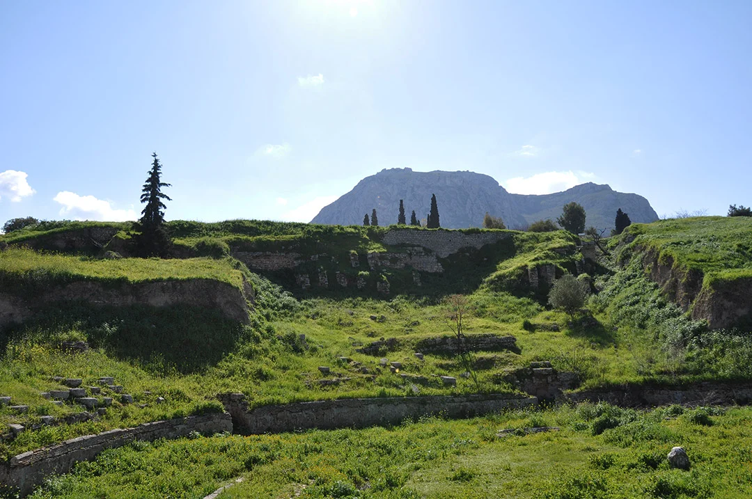 View of the ruins of the theatre of ancient Corinth.