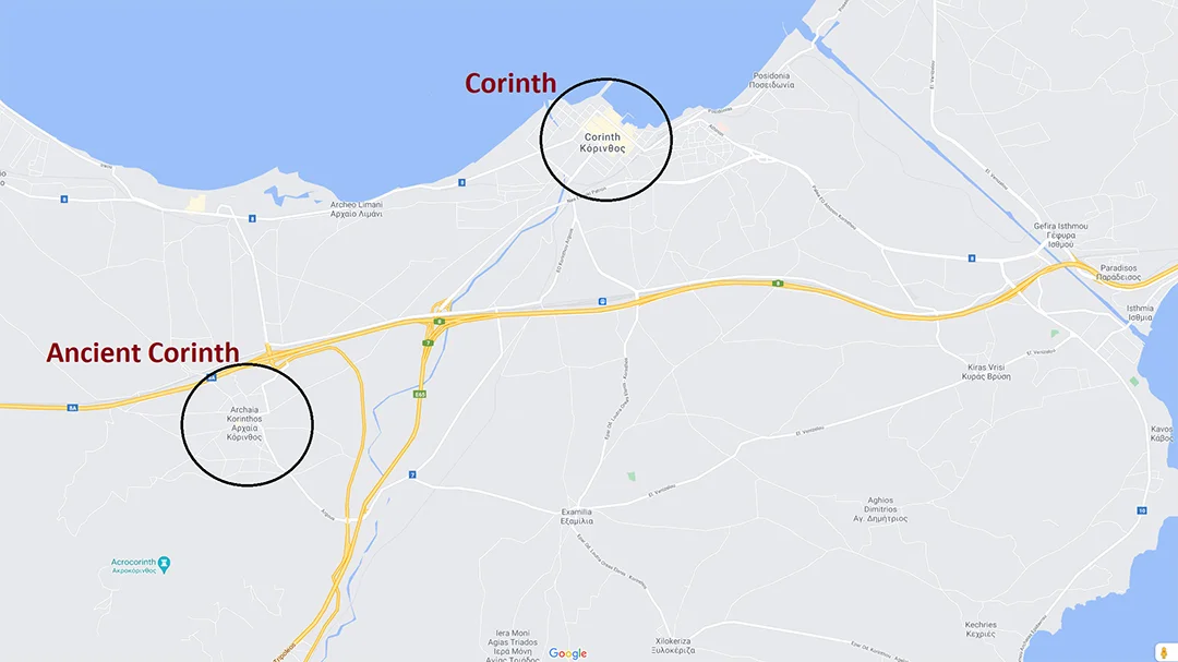 Map showing the different locations of Corinth vs ancient Corinth