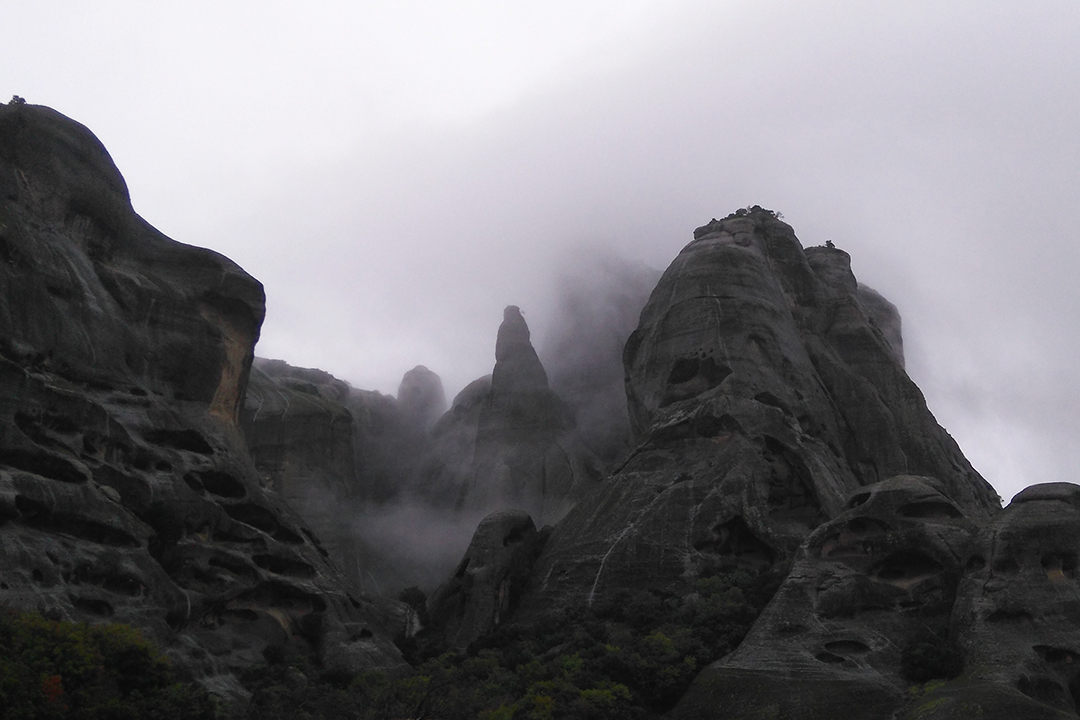Foggy view of Meteora in Thessaly, Greece