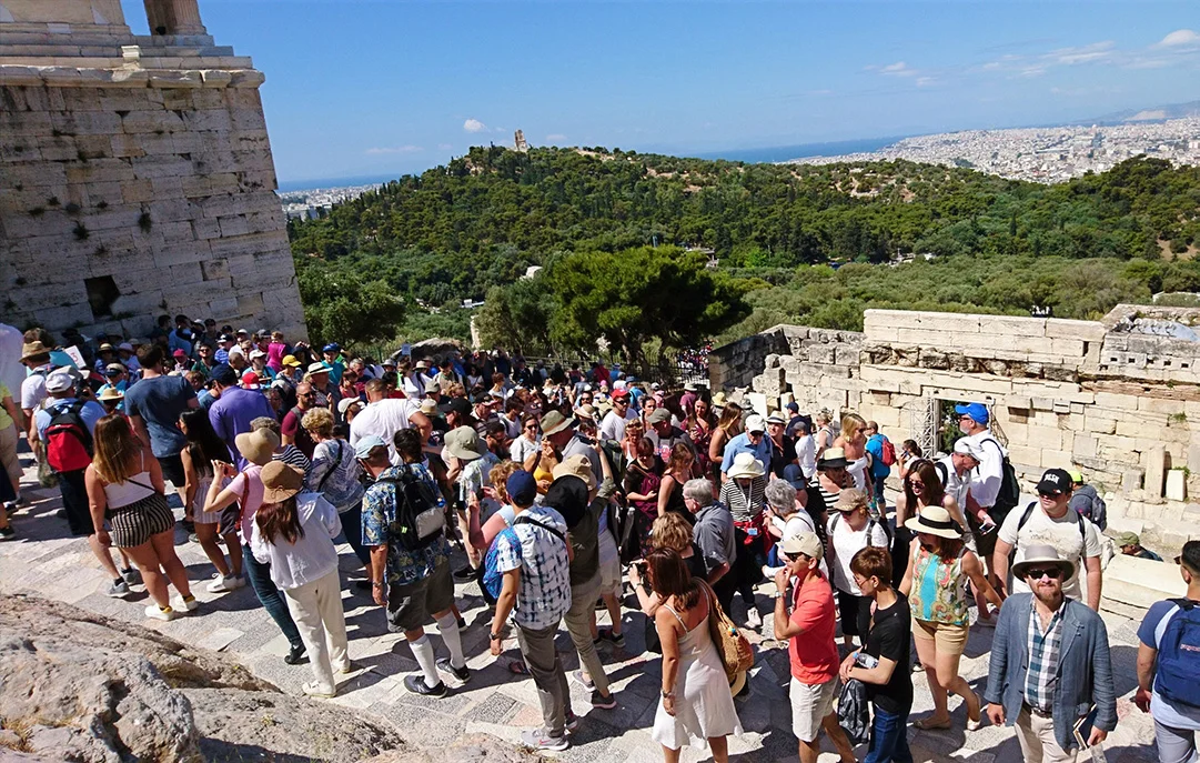 Crowded Propylea in the Acropolis of Athens Greece